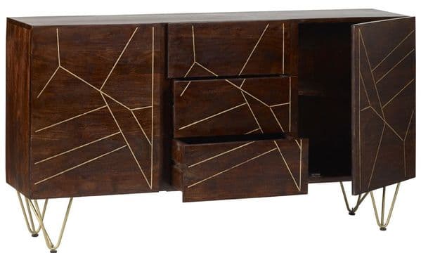 Brecon Dark Mango Wood Centre Drawer Sideboard | Extra large two door and three centre drawer sideboard with metal inlay detail and hairpin legs.